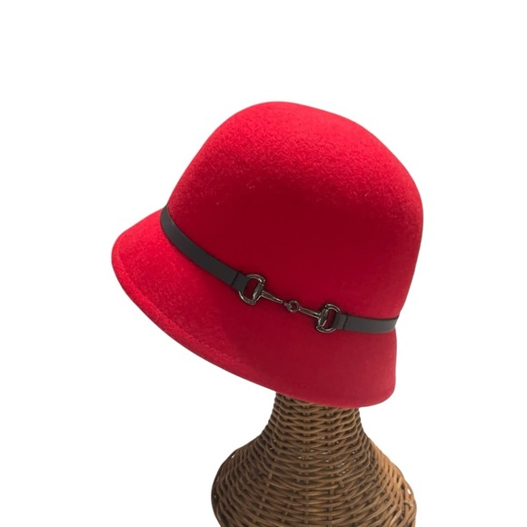 Red Wool Cloche Hat Black Faux Leather Band & Silver Bit Accent Bucket Hat - Picture 6 of 10